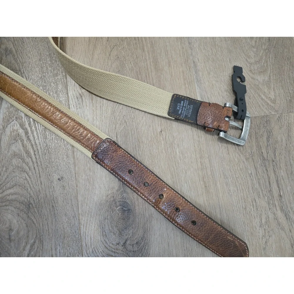 Columbia Mens Canvas Webbing Brown Leather Inlay Belt Silver Buckle Size 34